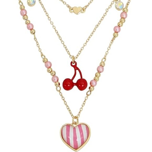 NWT Cute FUN! Betsey Johnson Triple Three Strand Heart Cherry Necklace Pink - Picture 1 of 8